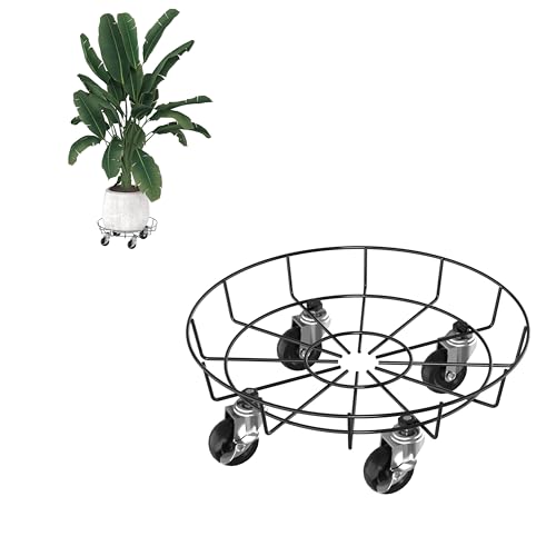 VANCHEMO 2er Set Blumenroller aus Rundstahl 4,5mm, Ø Oben 33cm / unten 30cm, schwarz pulverbeschichtet, mit 4 Metall-PU-Rollen (2X mit Bremse), stabil & belastbar, perfekt für große Blumentöpfe von VANCHEMO