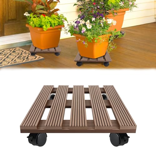 VANCHEMO 2er Set WPC Pflanzenrollwagen 100HG Tragkraft, Quadratischer Rollbrett-Untersetzer 30x30cm für Indoor und Outdoor, Pflanzen- und Blumenroller mit Festen Rollen, Braun von VANCHEMO