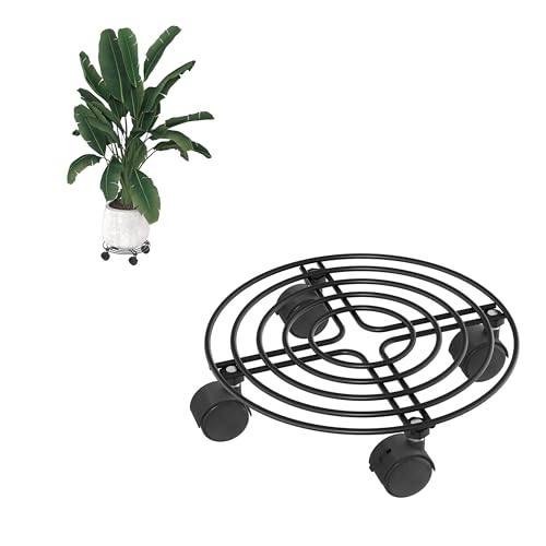 VANCHEMO 2er Set runder Blumenroller aus Rundstahl 4,0mm, Ø30cm, schwarz pulverbeschichtet, 4 Kunststoff-PU-Rollen (2X mit Bremse), rostbeständig & robust, für Indoor & Outdoor Pflanzgefäße von VANCHEMO