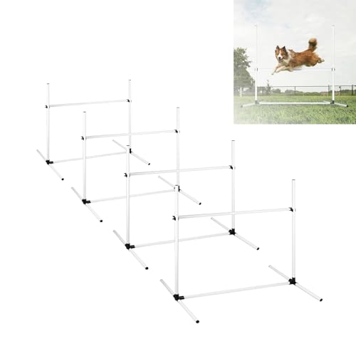VANCHEMO Haustier Agility Set Hunde Hürdenset 4er Höhenverstellbar Slalomstangen Ausrüstung Trainingsset mit Tragetasche, für Hunde Training, Katzen, 104 x 70 x 101 cm, Weiß von VANCHEMO