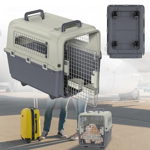 VANCHEMO Hundetransportbox Hundebox mit Transport-Räder Katzentransportbox Kaninchen Kunststoff Katzenkorb Transportbox mit Tür Lüftungsschlitze Urinbarriere Schalen und Tragegriff (67x51x58.5cm) von VANCHEMO