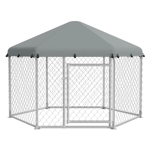 VANCHEMO Hundezwinger Outdoor Freilaufgehege Hundekäfig mit Dach Groß Hundehaus Tierlaufstall Hundebox Verzinkter Hundehütte mit Schloss für Haustierkäfig (Sechseck, 210x185x150cm) von VANCHEMO