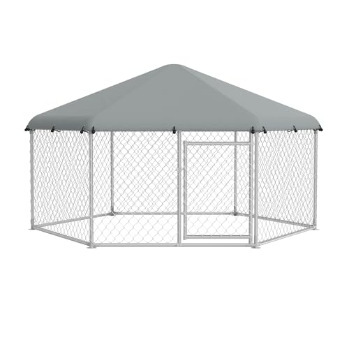 VANCHEMO Hundezwinger Outdoor Freilaufgehege Hundekäfig mit Dach Groß Hundehaus Tierlaufstall Hundebox Verzinkter Hundehütte mit Schloss für Haustierkäfig (Sechseck, 280x250x165cm) von VANCHEMO