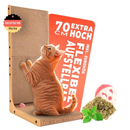 VANEJA® Extra Großes Kratzbrett Katze 70 cm – L-förmige Kratzpappe mit Ballspielzeug und Katzenminze – Robustes Katzenkratzbrett für Wand & Ecke – Hochwertiges Kratzmöbel aus Karton für große Katzen von VANEJA