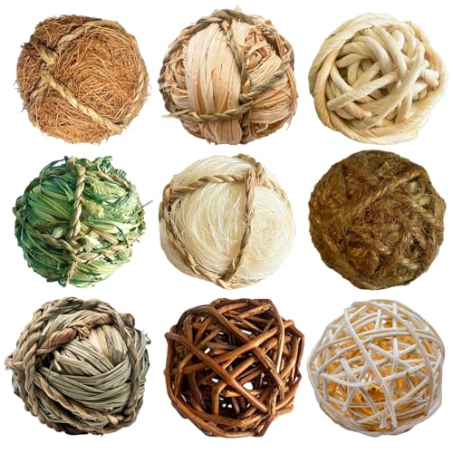 9 Stück Kauspielzeug für Kleintiere – Natürliche Gras-Kaubälle & Rollspielzeug für Kaninchen, Hamster, Meerschweinchen (Nager-Spielzeug) von VANSUKY
