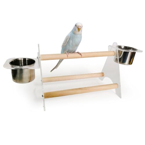 VANZACK Holz Papagei Sitzständer mit Futterbechern Stabile Tripod für Wellensittiche Nymphensittiche und Ähnliche mit Schüsseln für Futter und Wasser von VANZACK