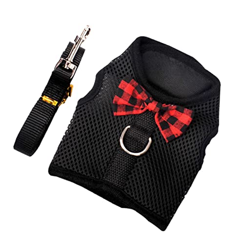 VANZACK Pet Mesh Vest Hundegeschirr Set Atmungsaktiv Verstellbar Leichte Brustgeschirr für Kleine Hunde Kaninchen Meerschweinchen Komfortable Laufleine mit Zugstopp Schwarz S Brustumfang von VANZACK