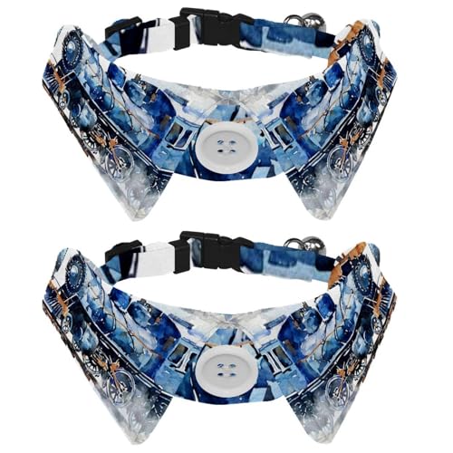 2 Stück Katzenhund Fliege Verstellbares Halsband Fliege Smoking Formale Nackenband für Jungen Mädchen Welpen Kätzchen Hochzeit Geburtstag - Blau Aquarell Retro Zug von VAPOKF