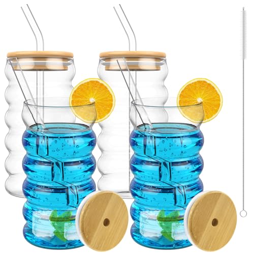 13er Set Gerippte Trinkgläser mit Strohhalm und Deckel,500 ml Bubble Trinkglas,weite Öffnung,elegantes geriffeltes Glas mit Strohhalmbürste für Kaffee, Limonade und Saft,Geschenk,Spülmaschinenfest von VAVPUP
