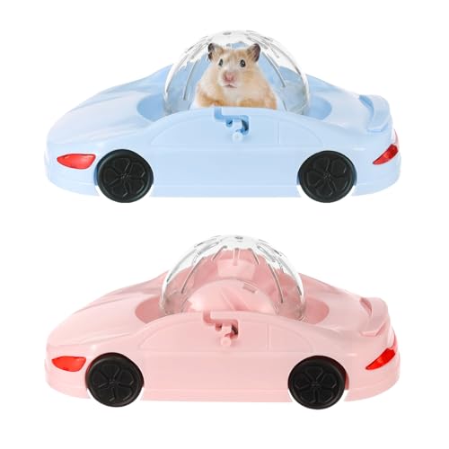 2 Stück Hamsterradauto,Hamster Laufball Auto,Robust 360°Sichtbarkeit Transparent Laufrad,Kleines Haustier Spielzeug Auto Trainingsrad mit Doppeltür Hamsterrad Spielzeug für Kleintiere(Blau Pink,2pcs) von VAVPUP