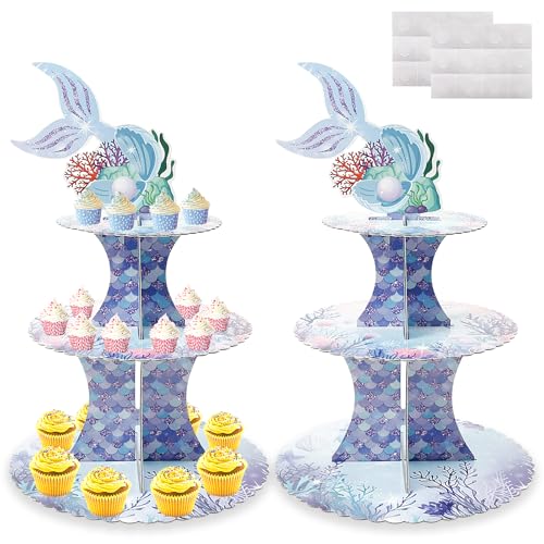 2 Stück Meerjungfrau Cupcake Ständer,Wiederverwendbar 3 Etagen Tortenständer,Dekorativer Cupcake Turm aus Papier,Dessert Turm Halter Muffinständer,Display Holder für Geburtstag Hochzeit Party von VAVPUP
