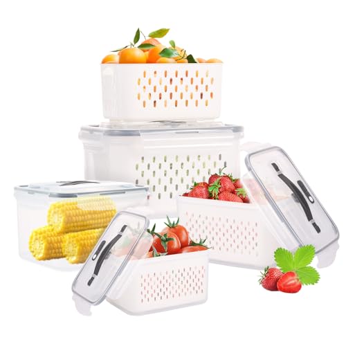 4 Stüke Kühlschrank Frischhaltedosen,Frischhalteboxen mit Herausnehmbarer Abtropffläche,Großes Fassungsvermögen mit Verschlussstreifen und Schnalle,für Obst und Gemüse(Beige,4pcs) von VAVPUP