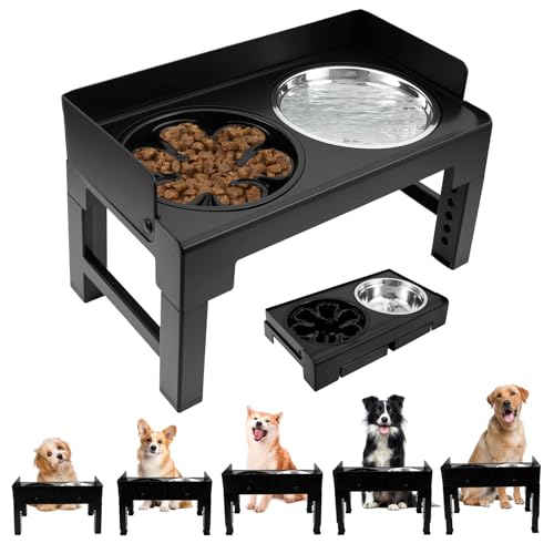 Erhöhter Hundenapf, 5 Fach Höhenverstellbar,Futternapf mit 4,5 cm Höheres Schallwand,Große Edelstahl Doppelnapf für Futter und Wasser,Futterstation für Große und kleine Hunde(schwarz,Stil 1) von VAVPUP