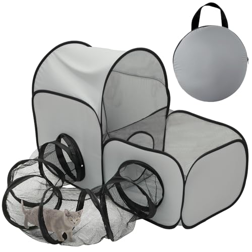Faltbares Katzenlaufstall,Katzengehege mit Tunnel,Multifunktionale Atmungsaktives Katzenspielzelt mit Aufbewahrungstasche,Tragbares Haustierzelt für Kleintiere im Innen- und Außenbereich(Klein) von VAVPUP