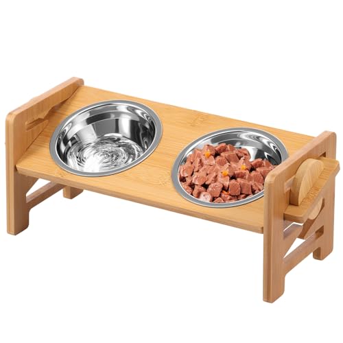 Hundenapf Erhöht,Verstellbarer Hundenapfständer,6 Fach Höhenverstellbar,15 Grad Neigung,Rutschfestes Abnehmbar Futternapf Hund mit 2 Edelstahlnäpfen für Hunde Katzen(Holzfarbe) von VAVPUP