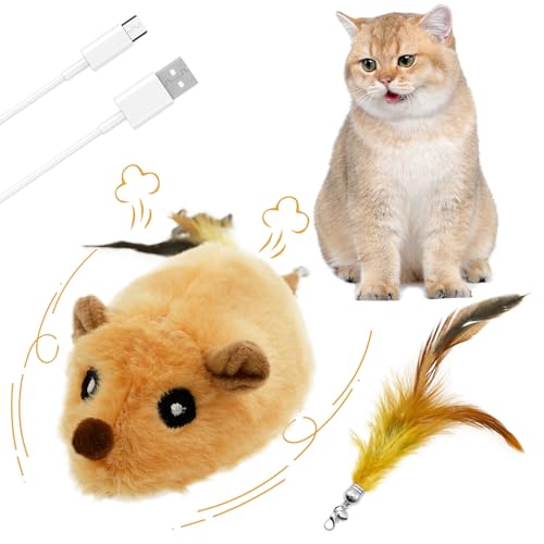 VAVPUP Katzenspielzeug Maus Elektrisch Set,Mäusespielzeug mit 2 Federglockenschwanz,Realistisches Katzenspielzeug,Vielseitiges Bewegliches Wiederaufladbares LED Interaktive Katzenmausspielzeug (Gelb) von VAVPUP