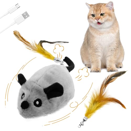 VAVPUP Katzenspielzeug Maus Elektrisch Set,Mäusespielzeug mit 2 Federglockenschwanz,realistisches Katzenspielzeug,vielseitiges bewegliches wiederaufladbares LED Interaktive Katzenmausspielzeug(Grau) von VAVPUP