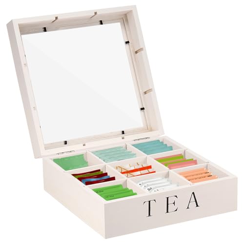 Teebox aus Holz,Teebeutelhalter mit transparentem Deckel 9 Fächer, praktischer Tee-Organizer,wiederverwendbare Teebeutel Box mit großem Fassungsvermögen für Zuhause und Büro(weiß) von VAVPUP