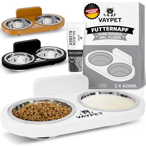 VAYPET® Doppel-Katzennapf erhöht inkl. Silikonkleber zur Befestigung an der Wand ohne Bohren I Schwebend montierbarer Futternapf Katze für Bequeme Haltung I Langlebiger Edelstahl Fressnapf Katze von VAYPET