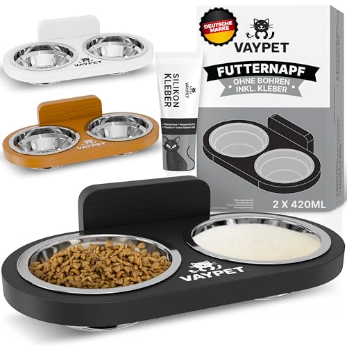 VAYPET® Doppel-Katzennapf erhöht inkl. Silikonkleber zur Befestigung an der Wand ohne Bohren I Schwebend montierbarer Futternapf Katze für Bequeme Haltung I Langlebiger Edelstahl Fressnapf Katze von VAYPET