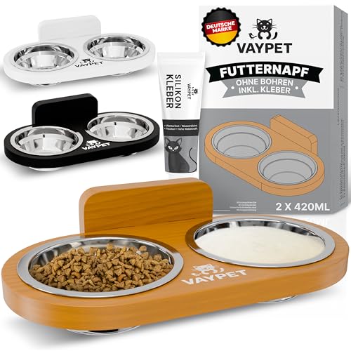VAYPET® Doppel-Katzennapf erhöht inkl. Silikonkleber zur Befestigung an der Wand ohne Bohren I Schwebend montierbarer Futternapf Katze für Bequeme Haltung I Langlebiger Edelstahl Fressnapf Katze von VAYPET