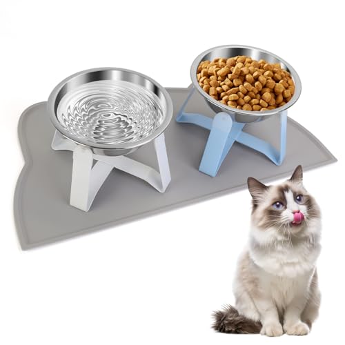 VAlinks Erhöhte Katzennäpfe Halter mit rutschfester Matte, Edelstahl, Katzen-Futterstation, erhöhter Wassernapf für Katzen, Welpen, Kaninchen, 2 Stück (Weiß & Blau) von VAlinks