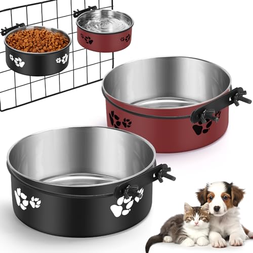 VAlinks Hundenapf für Hundehütten, Edelstahl, kein Verschütten, hängende Kiste, Wasserfutternapf, montierbar mit Klemmhalter, 2 Größen (16,3 x 6,5 cm, 14 x 6,9 cm), Schwarz und Rot, 2 Stück von VAlinks