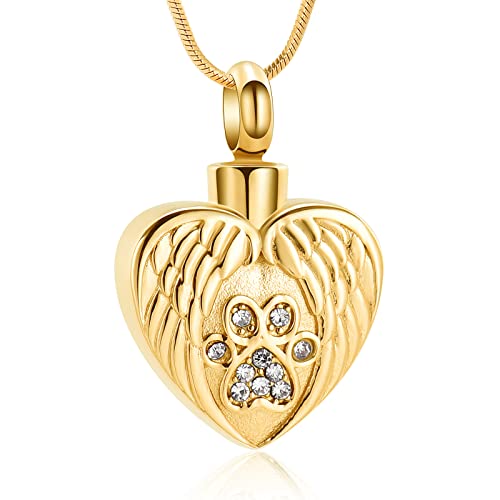 Urnen-Halskette für Asche für Haustiere, Hundepfotenabdruck, Engelsflügel, Herz, Urnen-Medaillon, Anhänger für Hund/Katze (Gold) von VCCWYQK
