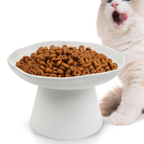 VCEPJH Erhöhter Futternapf für Katzen, flach, Keramik, erhöht, 15,5 cm, flach, Anti-Schnurrhaar, Müdigkeit, breiter Futter- und Wasser-Futterspender für Innen, Kätzchen, Weiß von VCEPJH
