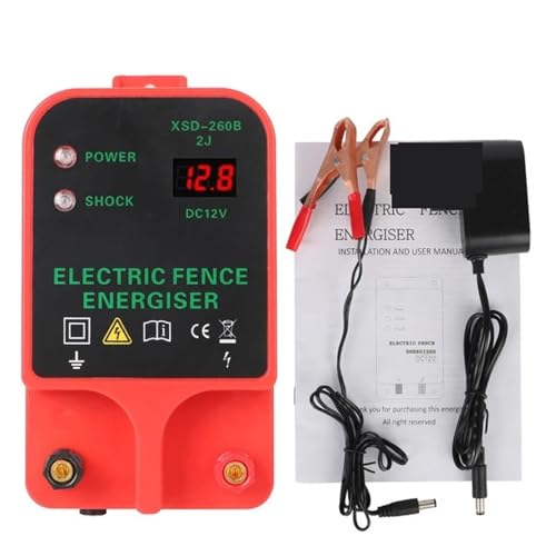 VCHICS Elektrozaun, Solarbetriebener Viehzaun-Controller mit LCD-Display, elektrisches Zaun-, LCD-Spannungsanzeige, Alarm mit hoher Dezibelzahl, 10 km wasserdicht Einsatz in Haushalt und Garten(Rood) von VCHICS