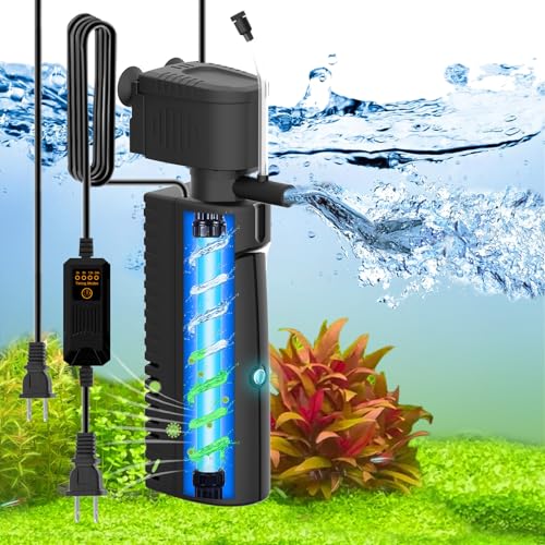 VCRAZE Aquarium Filter mit U - V Licht & Timer (3/6/12/24 Stunden) für Grünwasserreinigung, Aquariumfilter mit Belüftung Schildkröte Tank Filter mit Vorfilterschwamm für Tanks 10-40 Gallonen von VCRAZE