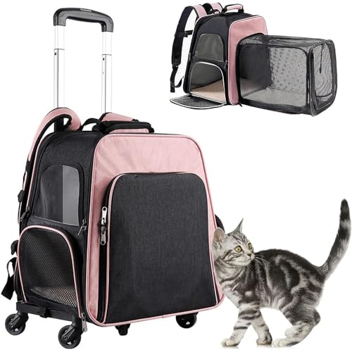 VECNUM Hunderucksack 2 in 1 Hundetrolley Katzenrucksack Für Kleine Hunde Katzen Transporttasche Katzen Transportboxen,Höchstlast 10Kg,Rosa von VECNUM