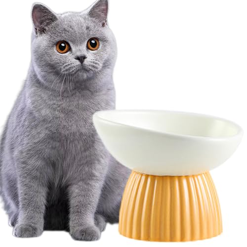 Erhöhter Futternapf für Katzen, 220 ml, Keramik, geneigt, verhindert Ermüdung des Halses, spülmaschinen- und mikrowellengeeignet, Weiß von VEEKI