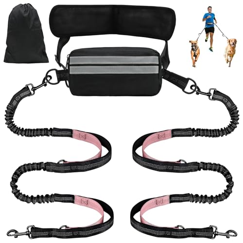 VEGCOO Freihändige Hundeleine für 2 Hunde, freihändige Hundeleine mit verstellbarem Hüftgurt, Bungee-Doppel-Leinen, reflektierende Nähte für mittelgroße und große Hunde, Laufen, Spazierengehen von VEGCOO