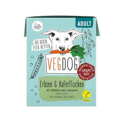 VEGDOG Adult veganes Nassfutter im Tetra Pak für Adulte Hunde, Vorteilspack 10 x 390g, mit Erbsen und Haferflocken, getreidefreies Alleinfutter für Allergiker mit alternativer Proteinquelle von VEGDOG