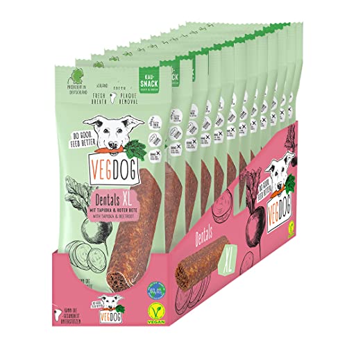 VEGDOG DENTALS XL vegane große Kausticks für Hunde zur Zahlpflege, getreidefreier Snack für Allergiker mit Tapioka und Roter Beete, Vorteilspack 12 x 100 g von VEGDOG
