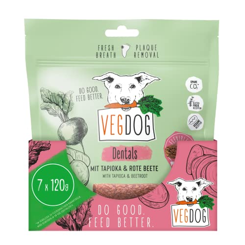 VEGDOG DENTALS vegane Kausticks für Hunde zur Zahnpflege, getreidefreier Snack für Allergiker mit Tapioka und Roter Beete, Vorteilspack 7 x 120 g von VEGDOG