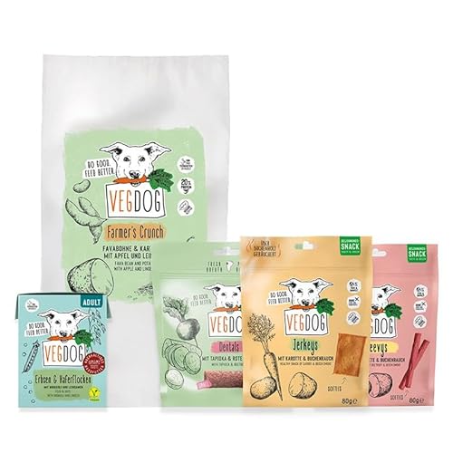 VEGDOG Farmer's Favourite Probierbundle mit hypoallergenem Alleinfutter und Snacks, Einsteiger Paket von VEGDOG