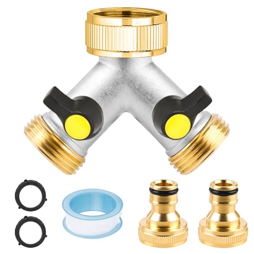 VEGOATY 2 Wege Y Verteiler, 3/4 Zoll Wasserhahn Verteiler mit Absperrventil und 2 Stück Adapter Separatem Schalter 2-Wege Y Wasserhahn Wasserverteiler für Garten Bewässerung Küche Wasserhahn von VEGOATY