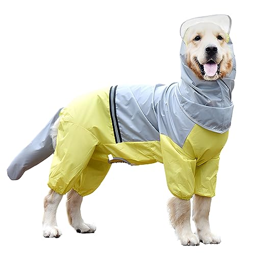 VEIYI Hund Regenmantel,Wasserdichter Hunderegenmantel mit Reißverschluss,Haustier Regenjacke mit Abnehmbare Kapuze, Regenmantel mit Reflexionsstreifen für Mittlere und Große Hunde（4XL, 13-20kg, Gelb） von VEIYI