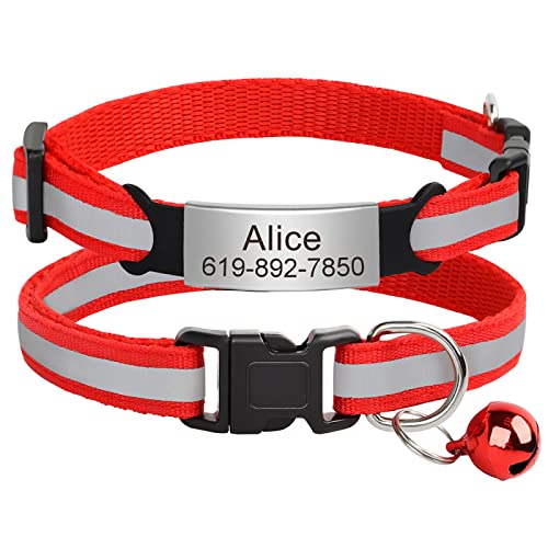 Benutzerdefiniertes Katzen-Namensschild-Halsband,Personalisierte ID-Gravur,Nylon,Kätzchen-Halskette,Katzen-Sicherheitsschnalle,Halsbänder,Haustierartikel,C-Rot-Silber,20-33m von VEKETE