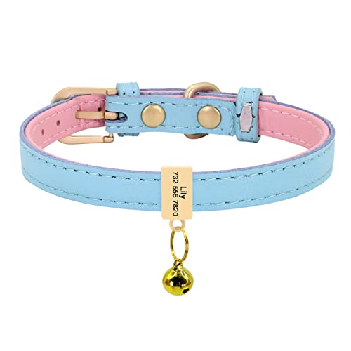 Benutzerdefiniertes Leder-Katzenhalsband Personalisiertes Kleines Hundewelpenhalsband Graviertes Katzenhaustierhalsband Einstellbar Für Chihuahua Rot XS S,hellblauer Block,XS von VEKETE