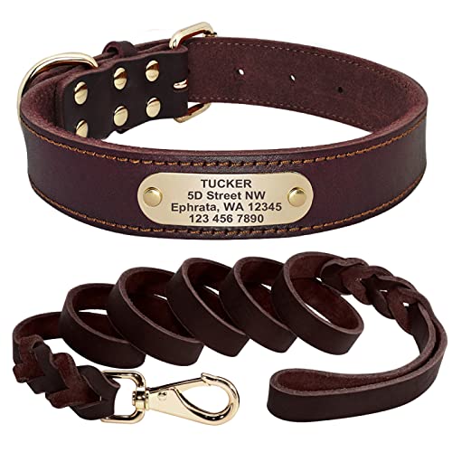 Dog Colla Personalisierte Pet ID Tag Halsbänder Für Mittelgroße Hunde Gravierte Lederhalsbänder Pitbull Perro,Braun,L von VEKETE