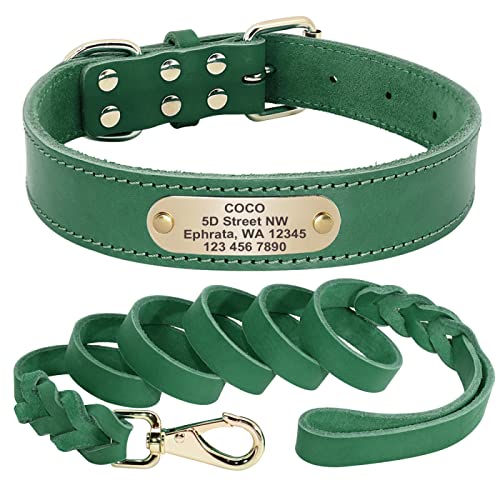 Dog Colla Personalisierte Pet ID Tag Halsbänder Für Mittelgroße Hunde Gravierte Lederhalsbänder Pitbull Perro,Grün,L von VEKETE