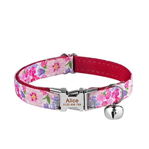 Graviertes Katzenhalsband Kitten Small Medium Large Cat Collar Print Flower Nylon Collar Custom Cat Supplies Unisex Pet Tag,Rosa,S (16cm-26cm) von VEKETE