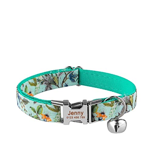 Graviertes Katzenhalsband Kitten Small Medium Large Cat Collar Print Flower Nylon Collar Custom Cat Supplies Unisex Pet Tag,hellgrün,S (16cm-26cm) von VEKETE