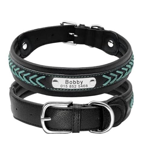 Großes Hundehalsband Leder Hundehalsband Personalisiertes Haustier ID Halsband Gepolstert Angepasst Für Mittelgroße Hunde,191 Blau,M von VEKETE