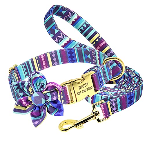 Hundezubehör Halsband-Leine-Set Individuell Bedrucktes Nylon-Hundehalsband Gehleine Pet Graviertes ID-Tag-Halsband Für Kleine Mittelgroße Hunde,152Lila,M von VEKETE