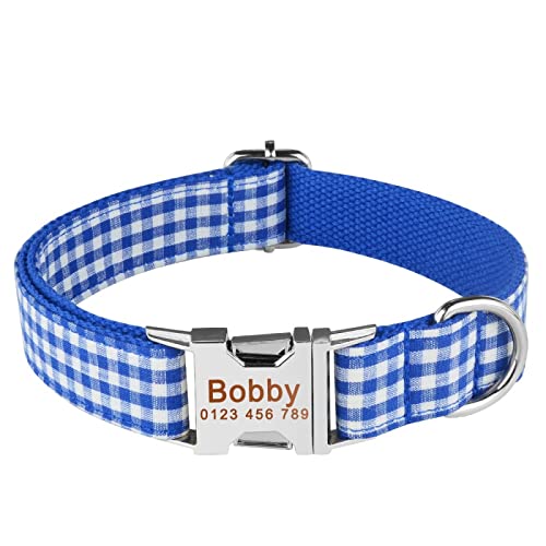 Nylon Plaid Boy Girl Unisex Hundehalsband Produkte Hundehalsbänder Klein Groß Personalisiertes Hundehalsband Individuell Gravierter Name ID Tag,Blue,M (31-50 cm) von VEKETE