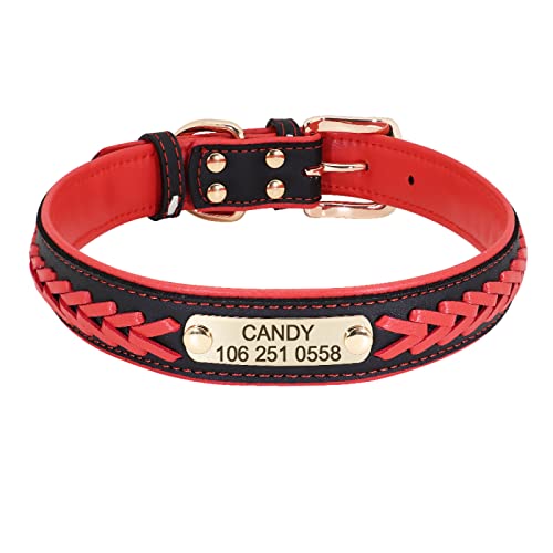 Personalisiertes Geflochtenes Hundehalsband Benutzerdefinierte PU-Leder-Hundehalsbänder Gepolstertes Haustier-ID-Halsband Für Kleine Mittelgroße Hunde Pitbull Bulldog,Rot,L von VEKETE